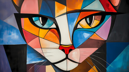 Fototapeta premium Abstract cubist or cubism style painting of a cat with geometric shapes and bold, vibrant colors. the cat's face features a mix of blue, red, and yellow hues. Cubism. Illustration