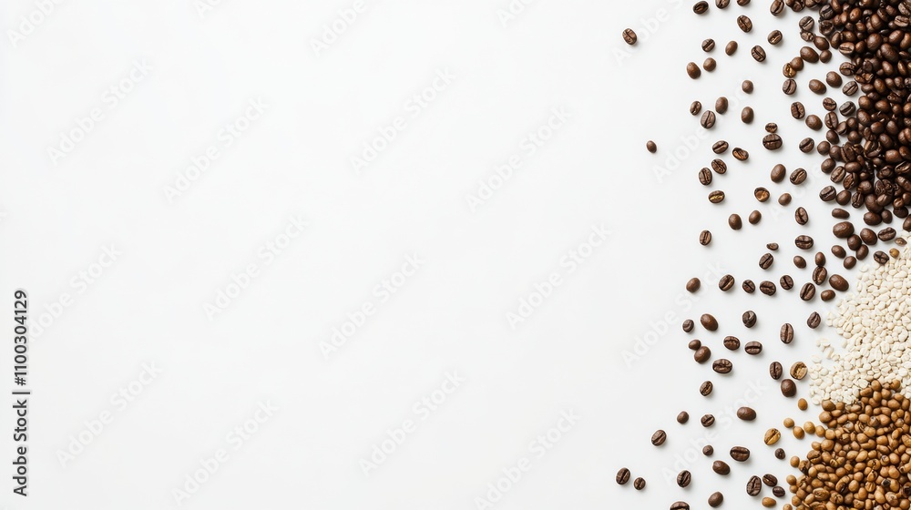 Aufkleber various types of coffee beans are artfully spread across a white background, showcasing their unique
