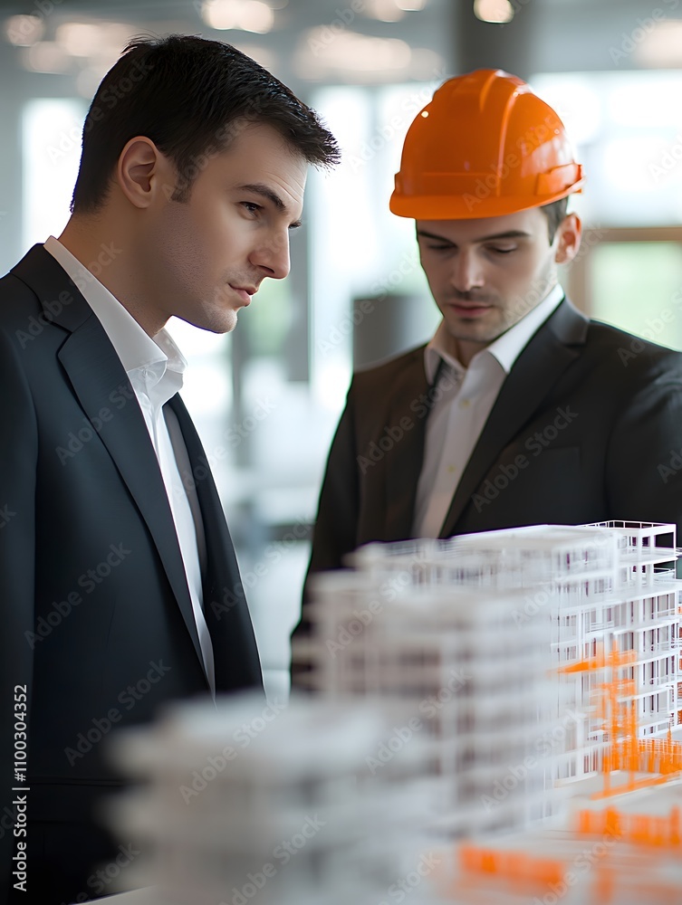 Poster Two Professional Men Analyzing Architectural Model in Office Environment Discussing Project Progress and Building Design for Construction Industry