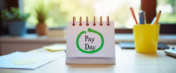 Payday calendar on a desk with office supplies and bright background