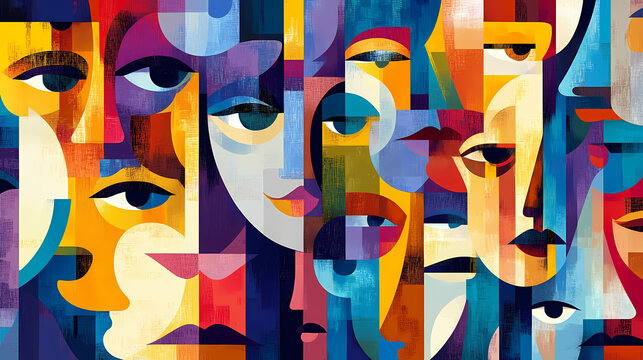 Abstract faces illustration in vibrant colors, cubism style collage for wallpaper, background design, art print. generative ai. abstract cubism. illustration. Cubism. Illustration