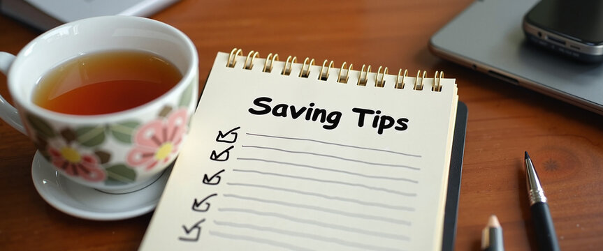 Notebook with saving tips and a cup of tea on a wooden desk