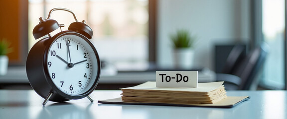 Classic alarm clock next to a to-do list on a desk, symbolizing time management and productivity