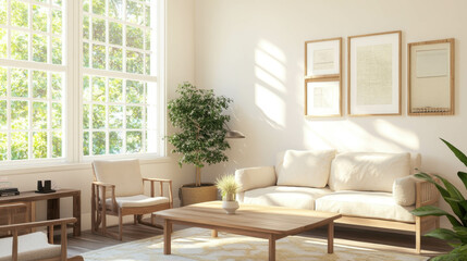 Fototapeta premium Bright Minimalist Living Room with Natural Light, serene home decor.