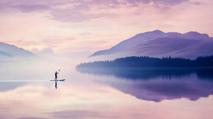  Paddleboarder on Tranquil Lake at Sunrise, serene mountain reflections.