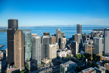 Aerial view of beautiful skyline with modern skyscrapers overlooking Elliot Bay and Puget Sound, Downtown Seattle, United States.