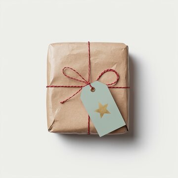 Overhead shot of a rustic holiday gift box wrapped in brown kraft paper, finished with red string and a gold star tag.