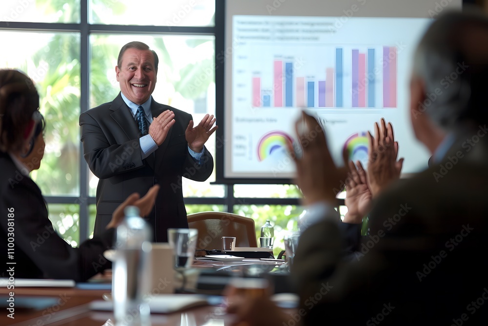 Poster business leader presenting in a conference room with charts and graphs, engaging audience with laugh