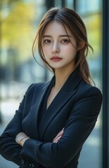Confident Businesswoman in Black Suit Standing Near Modern Office Building