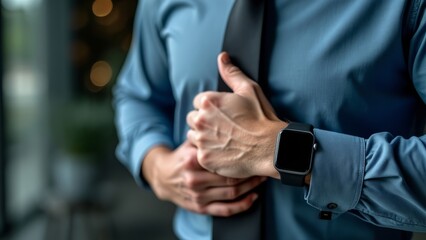 Obraz premium closeup businessman fixing his tie while wearing black smart watch in the office; man dressed in blue shirt holding a luxury time piece in his hand, concept of a business or financial lifestyle