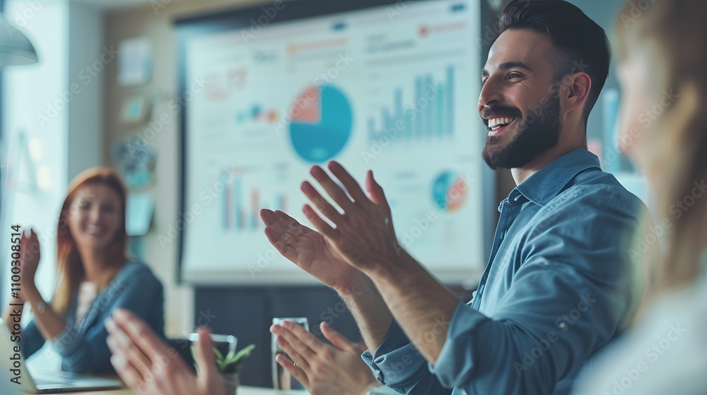 Poster cheerful businessman celebrates success during a meeting, showcasing teamwork and enthusiasm in a mo