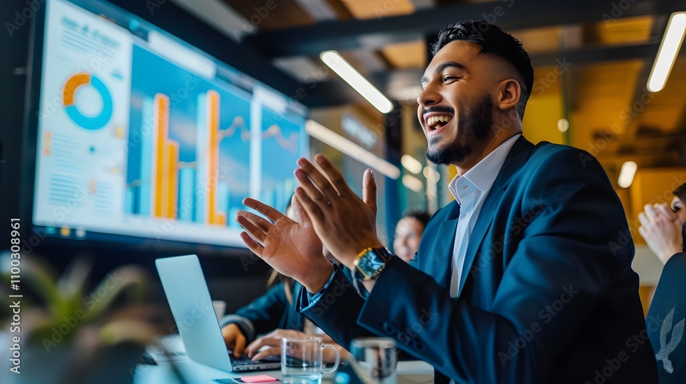 Poster happy businessman in a modern office environment celebrates success with colleagues, surrounded by d