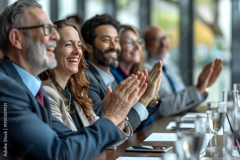 Poster diverse group of professionals celebrating success in a modern office setting with happy expressions