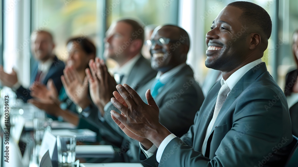 Poster Professional Group Applauding at Business Conference, Celebrating Success and Collaboration While Engaging in Positive Networking and Learning Experience in Modern Environment