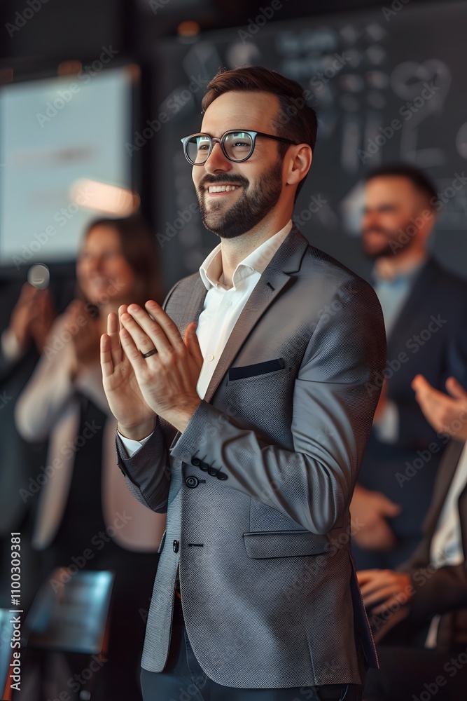 Poster young businessman in a stylish suit standing applauding at a corporate event with colleagues in the 