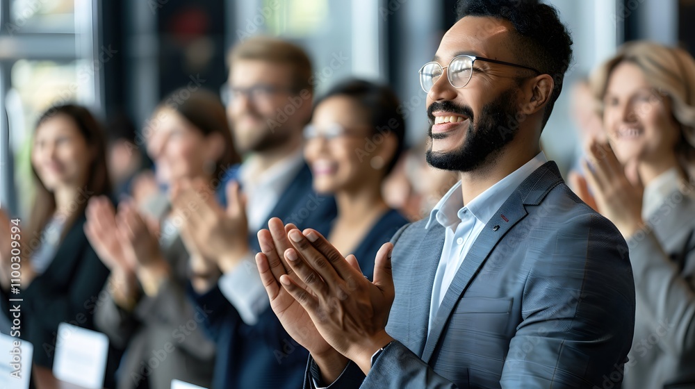 Aufkleber positive diverse audience clapping and applauding at a corporate event with glass windows in the bac