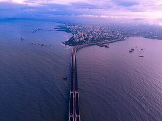 Aerial view of the beautiful Sealink bridge connecting the vibrant cityscape of Mumbai to the Arabian Sea, Worli, India.