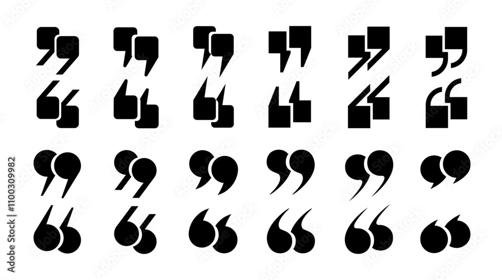 Fototapete quotation marks, a set of isolated black vector icons in the form of square-shaped quotation marks o
