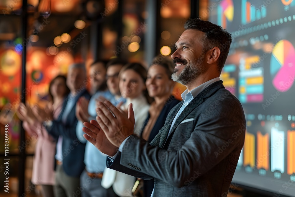 Aufkleber Professional Business Team Applauding During Successful Presentation in Modern Office Environment with Bright Charts and Graphs in Background