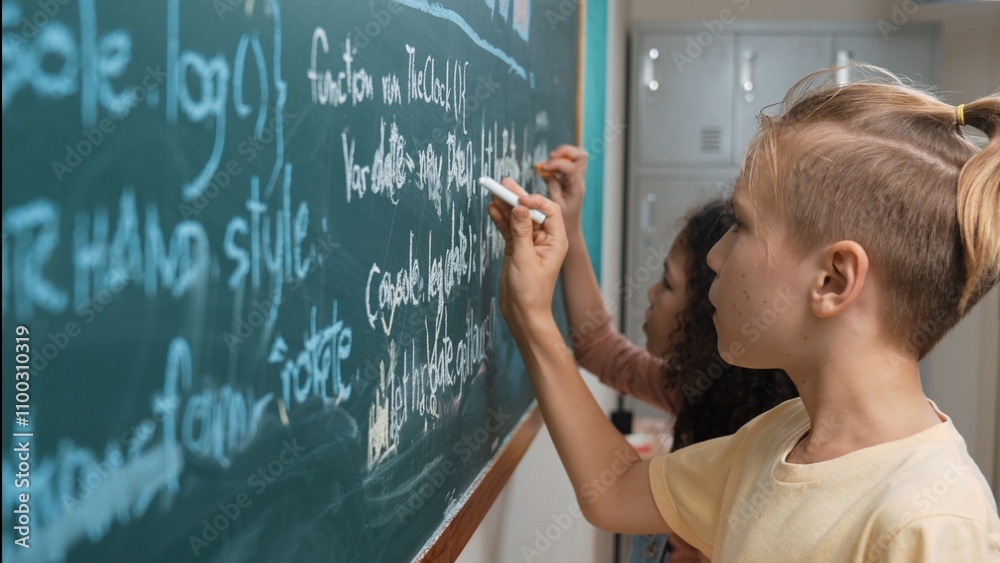 Poster diverse student studying coding engineering prompt while writing answer on blackboard. intelligence 