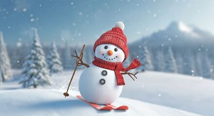 Fototapeta premium 3d snowman sliding downhill, skiing, Christmas holiday background, panoramic winter landscape, Happy New Year greeting card