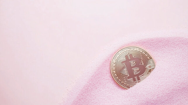 Bitcoin (BTC) coin resting on soft pink sand, highlighting the feminine empowerment of cryptocurrency, financial liberty, inclusivity, and its role in reshaping DeFi and Web3 for global equality