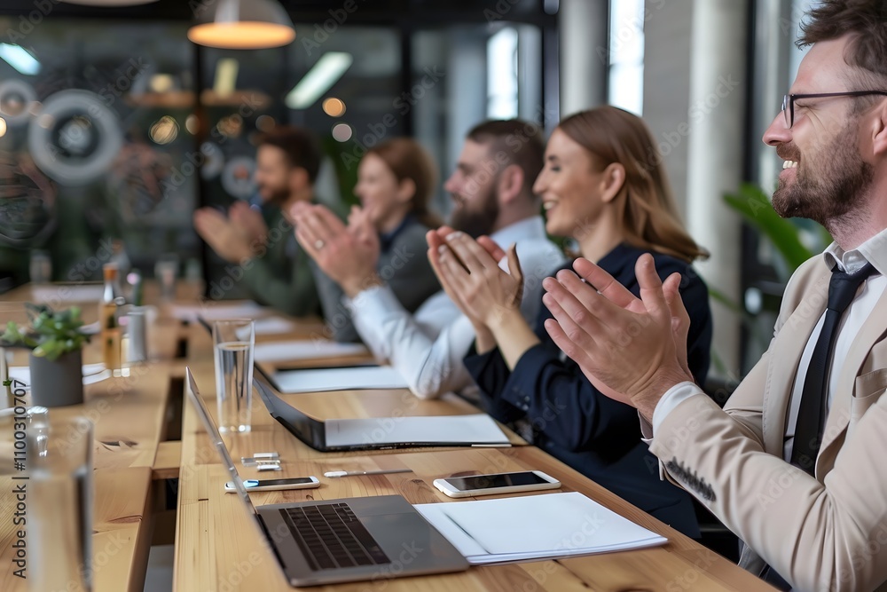 Poster group of diverse professionals applauding in modern conference room after successful presentation wi