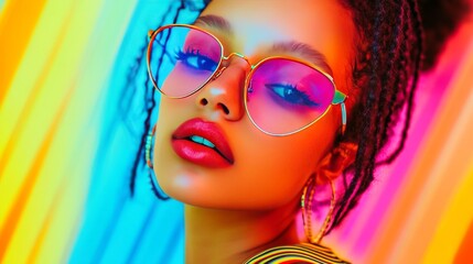 Fototapeta premium Vibrant street style. Portrait of woman wearing uniquely top and trendy eyeglasses, with vividly colorful neon striped background. Concept of youth, beauty, fashion and style, modern lifestyle. Ad