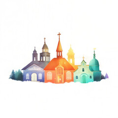 Fototapeta premium Colorful silhouette of various churches and cathedrals against a white background with copy space