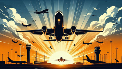 Illustration of an airplane taking off from the airport, with silhouettes of other planes and control towers in the background. Generative AI.