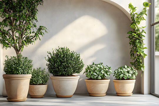 jard&iacute;n con maceteros con plantas arbustos y arom&aacute;ticas cozy