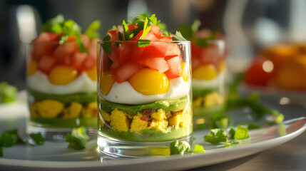 Captivating Close-Up of Avocado Tuna Tomato Egg Verrines Taken with an iPhone 15 Pro - Perfectly Clear, High-Resolution, and Photorealistic Shot