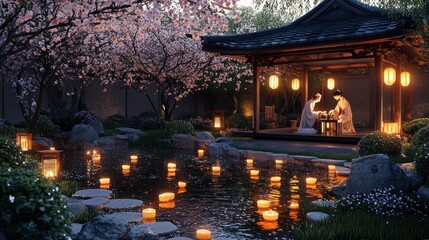 Fototapeta premium A serene garden scene with lanterns and cherry blossoms, featuring two people in traditional attire.