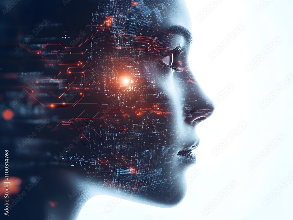 Aufkleber Futuristic Profile of a Digital Woman Blending Human Features with Advanced Technology Representation in a High-Tech Environment