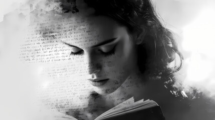 Abstract double exposure between an ai generated beautiful woman reading a book and handwritten text, black and white - this image doesn't require model release. Chiaroscuro. Illustration