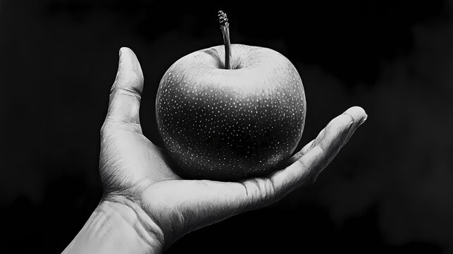 Disegno a matita di mela, a mano libera in bianco e nero. Chiaroscuro. Illustration