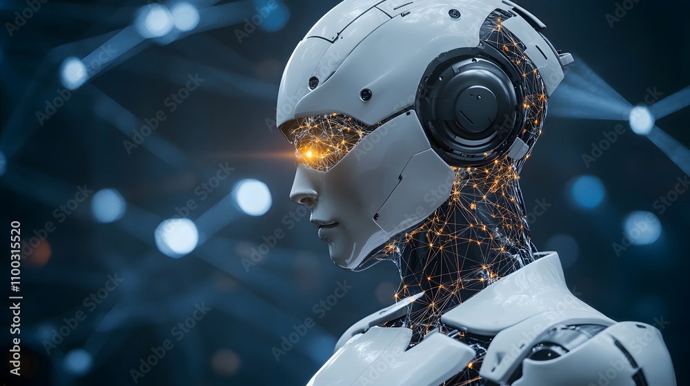 Poster Futuristic humanoid robot with glowing circuits, advanced technology, artificial intelligence, and intricate design against a digital background of interconnected nodes and lights.