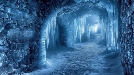 Fototapeta premium A serene ice cave with glistening icicles and a snow-covered pathway.