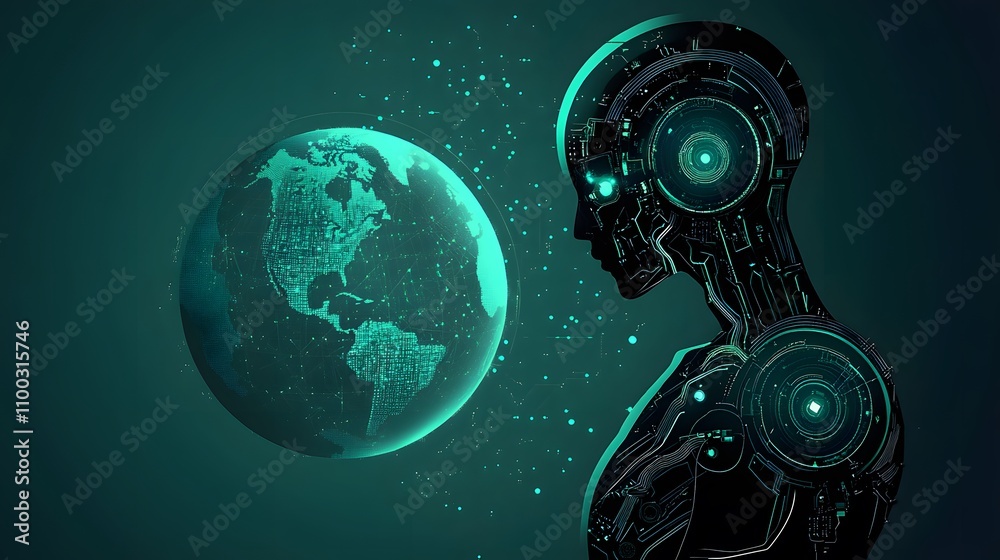 Poster Futuristic Robot Silhouette Against Digital Globe, Symbolizing Technology, Innovation, and Artificial Intelligence Representing the Connection Between Humanity and Machines