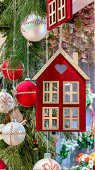 Lots of hanging different Christmas tree toys. Christmas decor