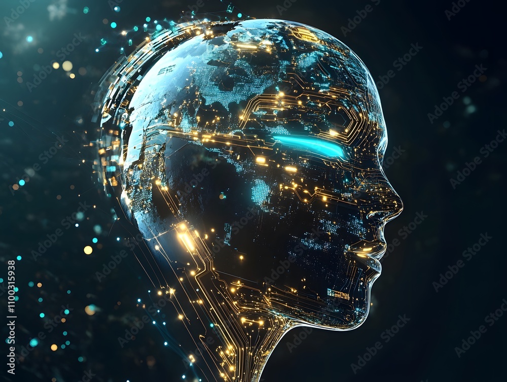 Fototapete Futuristic Artificial Intelligence Concept with Digital Face and Circuitry Depicting the Intersection of Technology and Human-Like Intelligence in a Data-Driven World