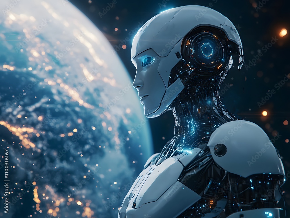 Aufkleber Futuristic Robot Contemplating the Universe in Outer Space with a Glowing Earth in Background and Starry Sky, Representing Advanced Technology and Innovation