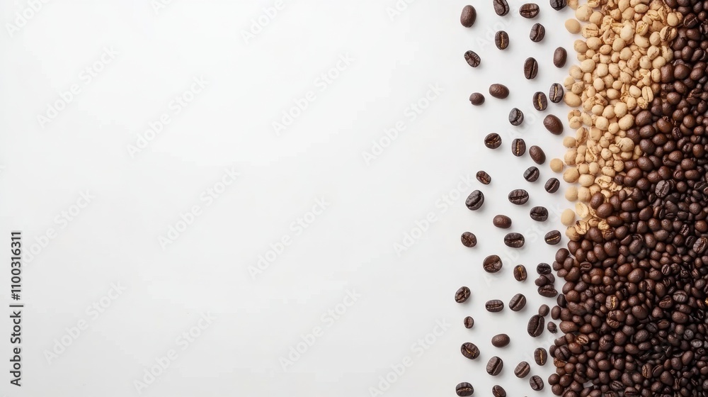 Poster variety of coffee beans sprawled out on a white background featured alongside blank space for adding
