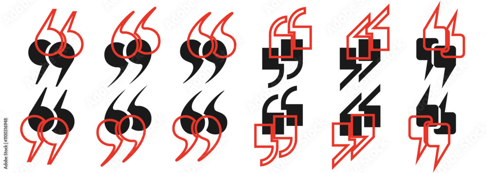Fototapete a set of black quotation marks and red quotation mark outlines on a white background. a collection o