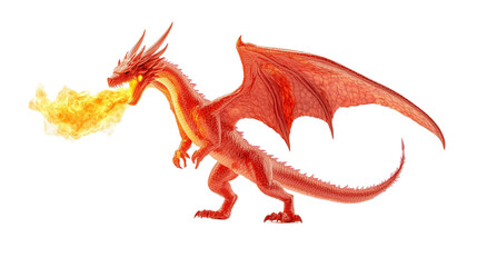 Obraz premium A fierce red dragon breathing scorching fire, flame reflections on its scales, against , PNG format Background. Generative AI 