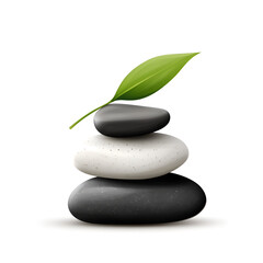 Fototapeta premium Stacked stones with a leaf symbolizing tranquility and balance in a minimalist setting