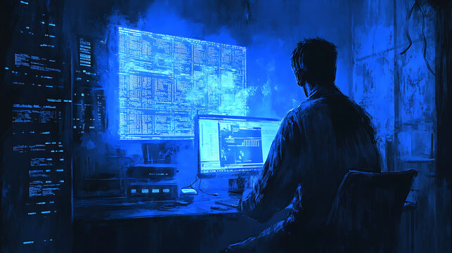  Hacker breaking into a confidential government database, intense blue light illuminating the room 