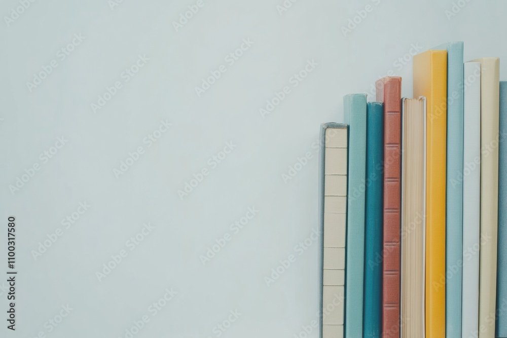 Poster Various books from multiple genres are lined up in a colorful display against a clean white background, inviting readers. Generative AI