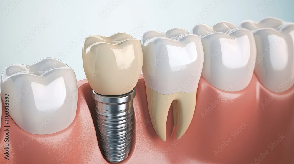 Poster close-up of a dental implant secured in the jawbone, featuring a porcelain crown that completes the 