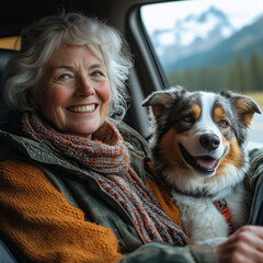 Joyful Journey: Elderly Woman and Her Dog on a Road Trip